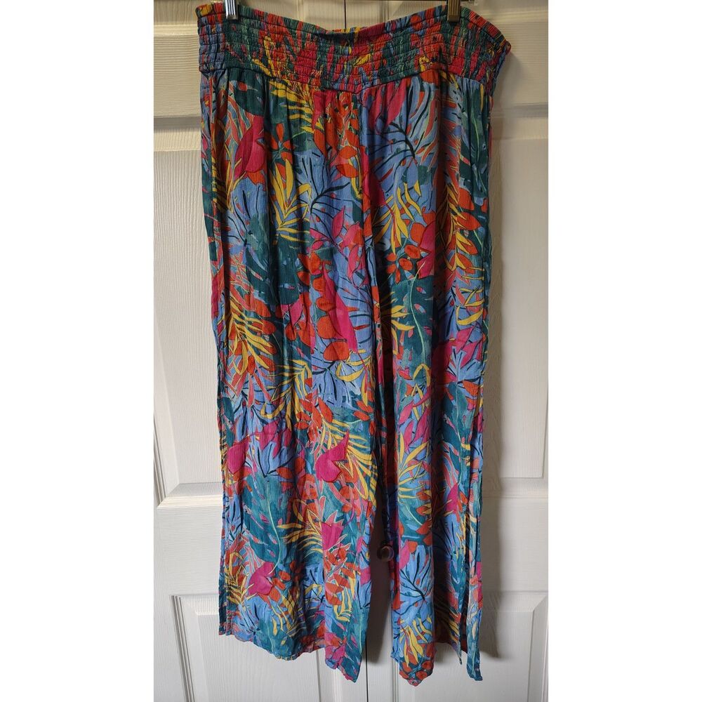 Kona Sol Women's Smocked Wide-Leg Tropical Pants - Size XL
